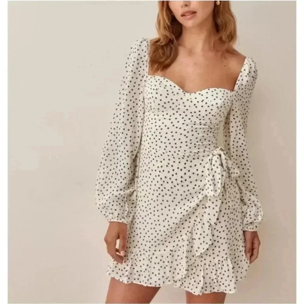 Reformation Cammi Dress White & Blue Polka Dot Faux Wrap Mini Ruffled Size 10